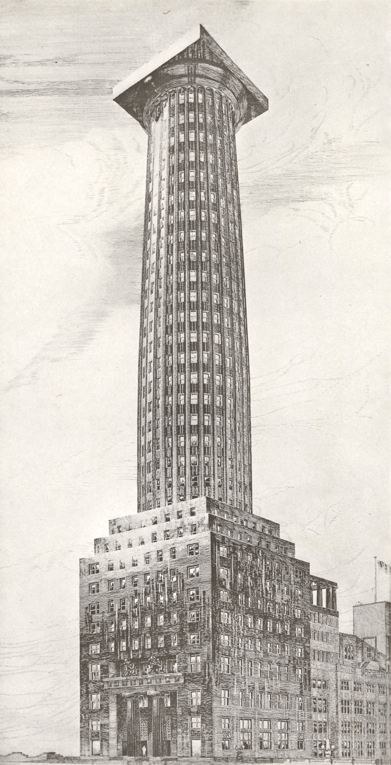 A perspective drawing of a dark-colored building that has a cube base with a regular grid of small windows. The base is about 11 stories high. Rising up from the base is the majority of the tower, another 21 stories, which looks like a column with flutes (carved vertical bands that run all the way up the column, giving it a ribbed texture, and windows in the spaces between the vertical ribs.) The column-shaped tower is topped by a simple Doric capital.
