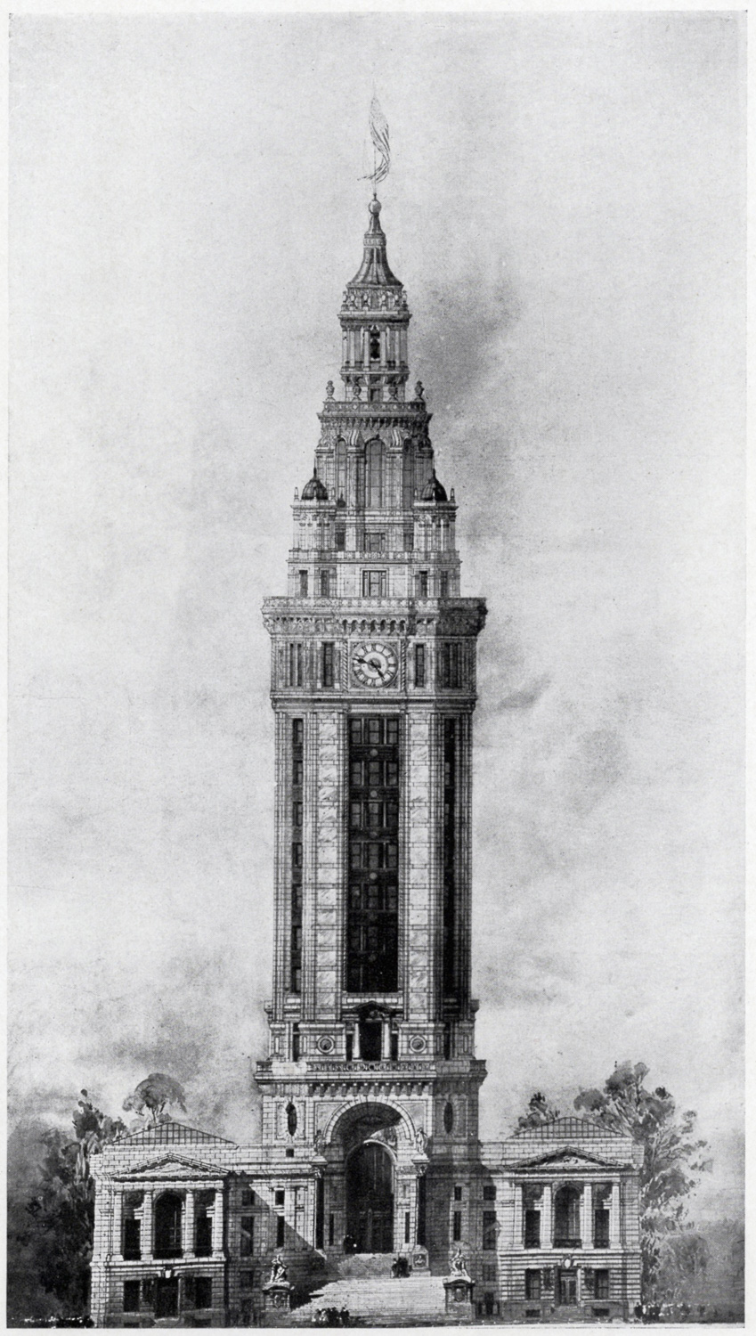 An ornate fifteen-story skyscraper with a symmetrical facade that tapers at the top and has a low wings on either side. A broad staircase leads up to the main entrance of the building which is located at the center of the base of the tower under a large rounded arch. The drawing shows each of the large blocks of stone the building is made of. One either side of the central tower are small, two-story wings topped by pediments (low pitched roofs shaped like triangles). The main body of the tower rises eight stories above the entrance levels and is plain in comparison to the rest of the building. Above that the floors of the tower diminish gradually until they reach a flagpole and flag at the top. This top portion of the tower is decorated in classical details like small columns, vases, and arches.