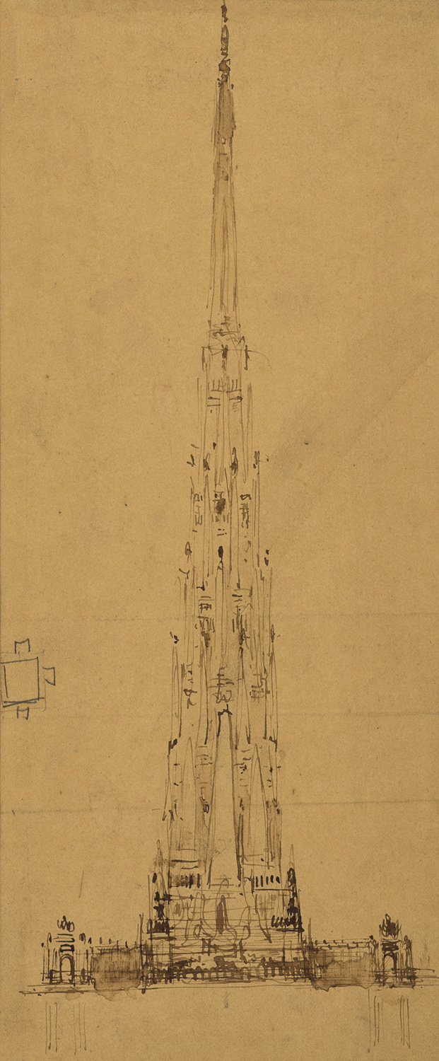 A quickly drawn sketch in brown ink on yellow-brown paper of a stand-alone tower. The features of the sketch are indistinct. The slender tower tapers from bottom to top and is covered in loose lines that suggest an ornamented facade.