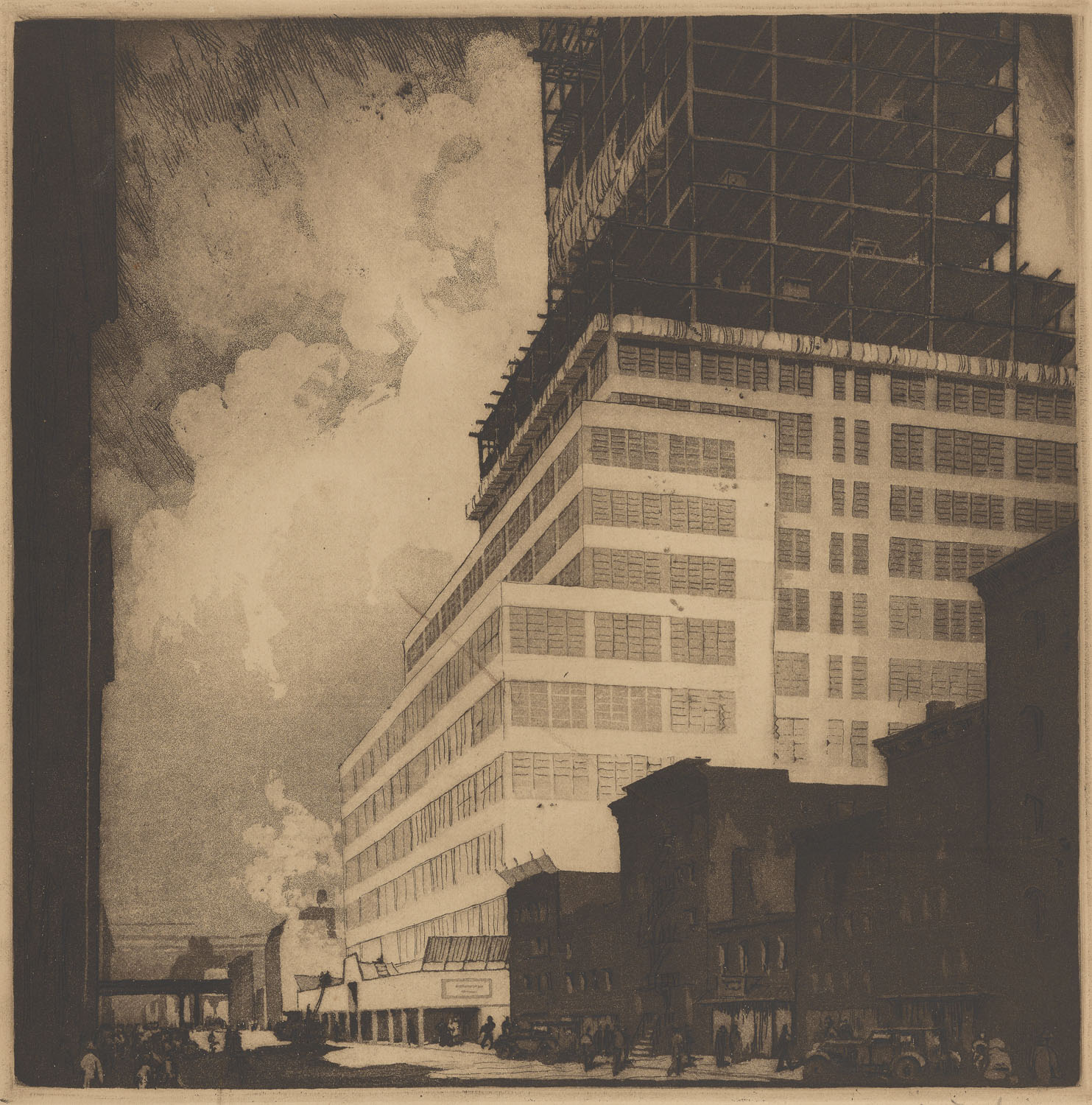 A black print on yellowed paper of the lower half of the building under construction viewed from the street. The lower stories of the skyscraper, with windows and terra cotta cladding, are light and stand in contrast to the dark, two and three story buildings in the foreground. The upper stories visible do not have windows or cladding and al that is visible is the steel frame of the skyscraper. Construction tarps and canvasses billow in the breeze surrounded by a cloudy, smoky sky.