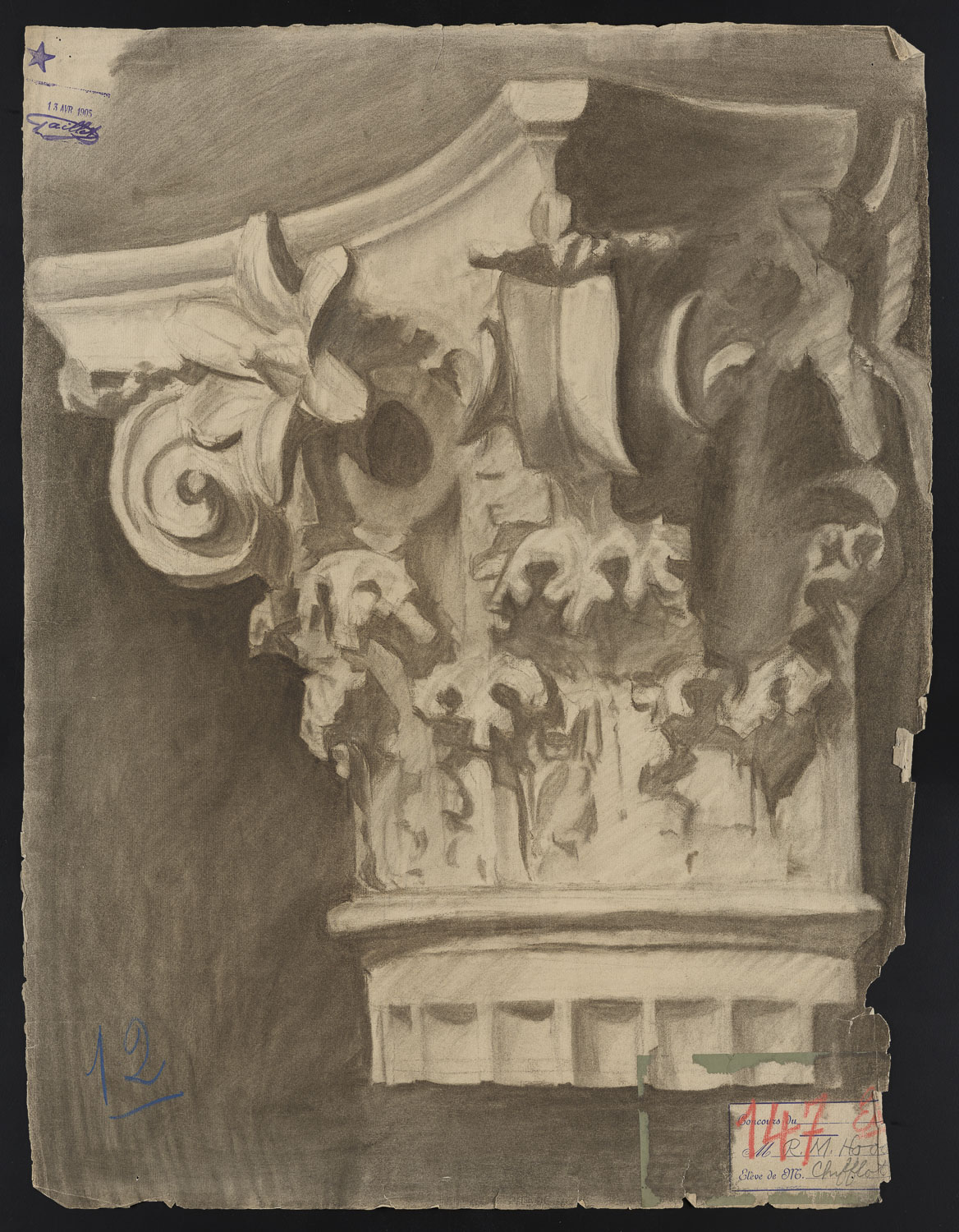 A drawing of the capital of a composite-style column decorated with leaves and curved forms. The light column and capital stand against a dark background. The capital is cut off by the right side of the paper. A purple date stamp in the upper left and red crayon marks in the lower right interrupt the otherwise black and white drawing.