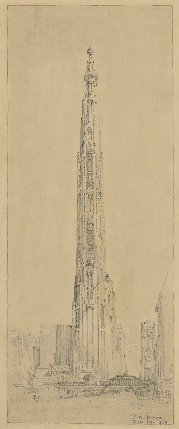 A sketch of a slender, ornate tower that tapers as it goes up. The tower is in an urban setting with low buildings surrounding the tower. Small whips of the pencil suggest a crowded street.