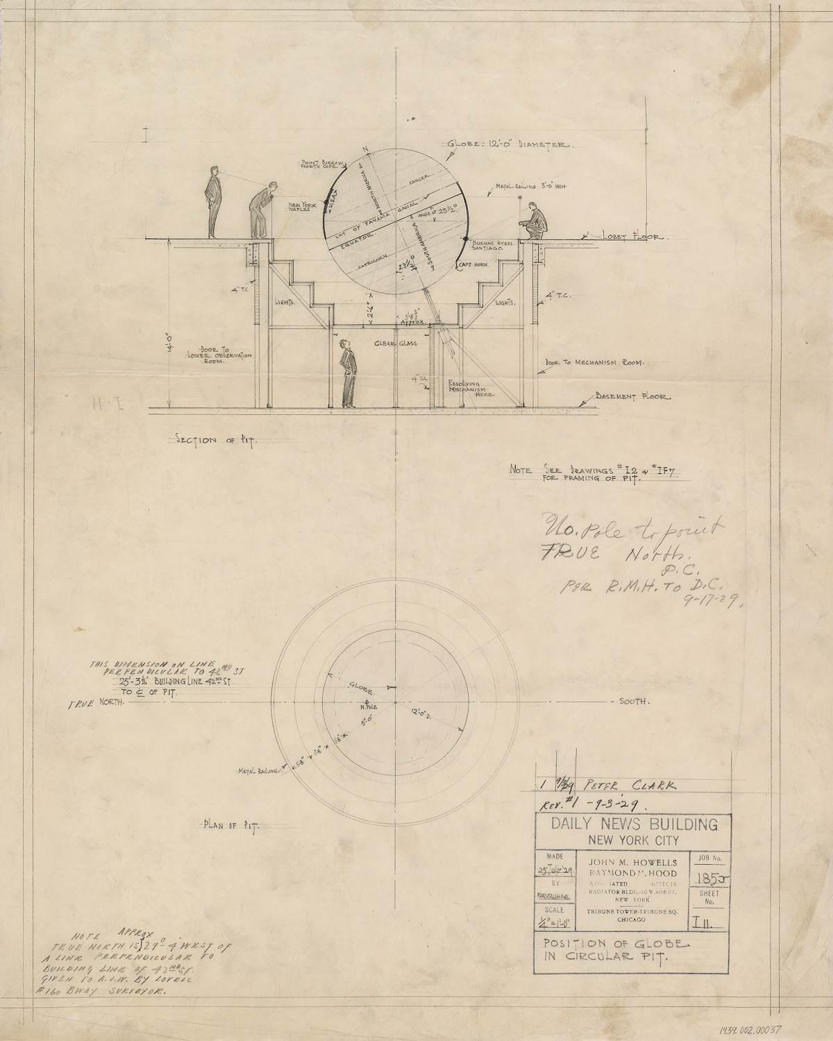 Plan and section drawings of the globe in the center of a lobby. The plan, on the lower half of the sheet, is a simple series of concentric circles. The section drawing, on the upper half of the sheet, shows a twelve-foot globe mounted at a slight angle on an axis and set into a stepped, sunken pit. Four men appear in the drawing, showing and testing scale and sight lines. Tiny pencil annotations are scattered throughout the drawing and there is a title block in the lower right corner listing the name of the project and the date.