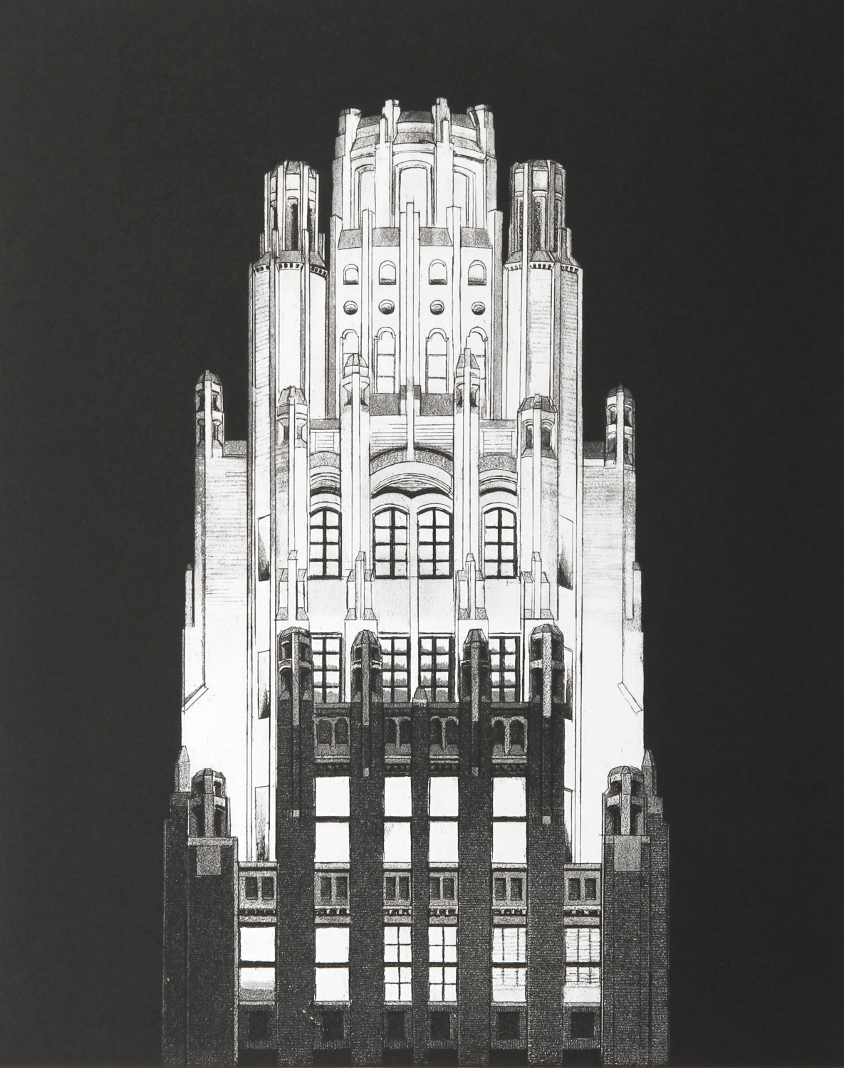 A print depicting the uppermost section of the American Radiator Building at night. It is created in strong black and white tones. The background is solid black. The building is grey in the lower portion, with light seemingly streaming from the windows. The upper portion seems infused with bright white light.