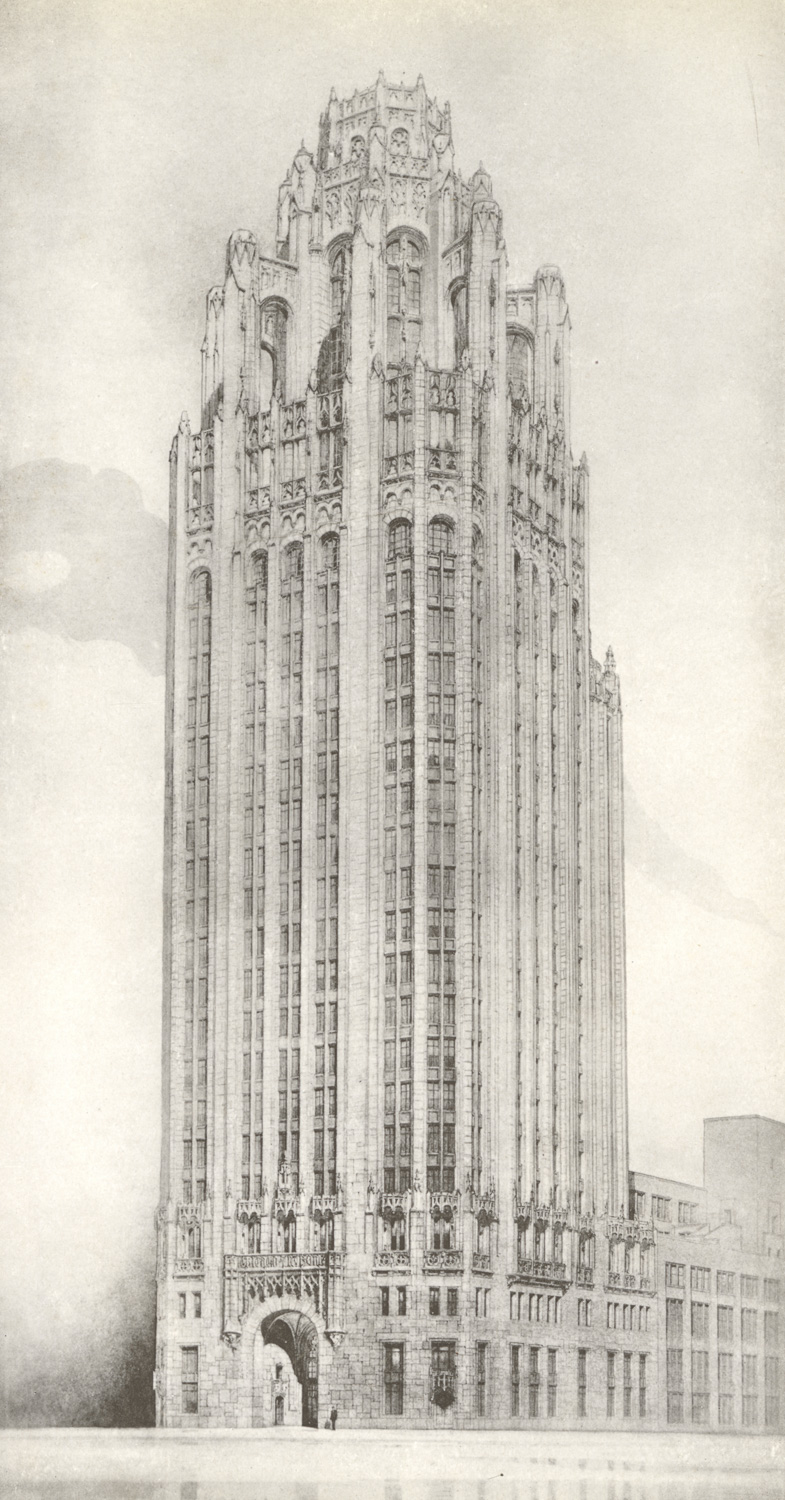 A perspective drawing of a skyscraper with beveled corners and some gothic ornament. The skyscraper fills the block it is on and tapers only in the top quarter, where flying buttresses support a small central tower.