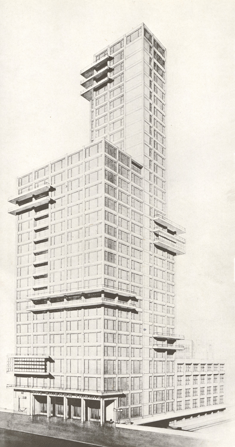 A perspective drawing of a modernist skyscraper. The tower appears to be made of a concrete grid with glass infill and balconies. The building is made up of three connected, boxy sections, the one at the front is 20 stories tall, a slender tower above adds another 12 floors above.