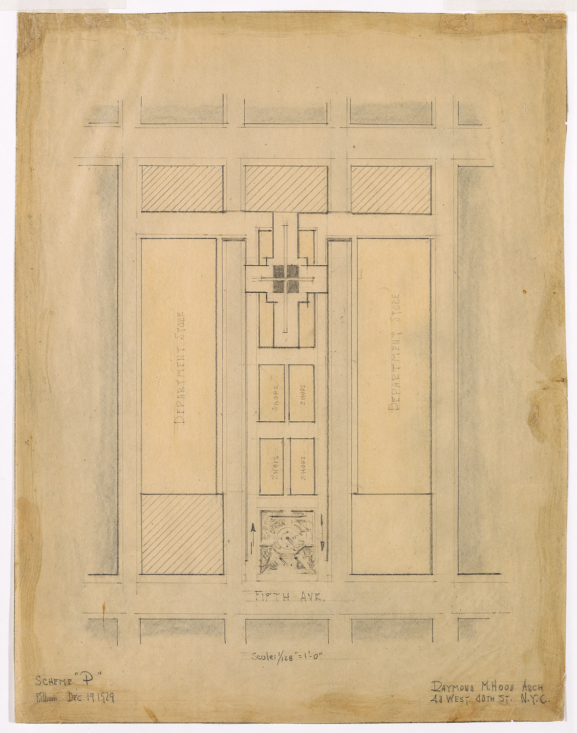 A site plan of the area bordered by Fifth Avenue. A the rear of the site is a single, large cruciform tower. Between Fifth Avenue and the tower are a large plaza and four small areas labeled “Shops.” This central area is flanked by two large blocks labelled ‘Department Store.”