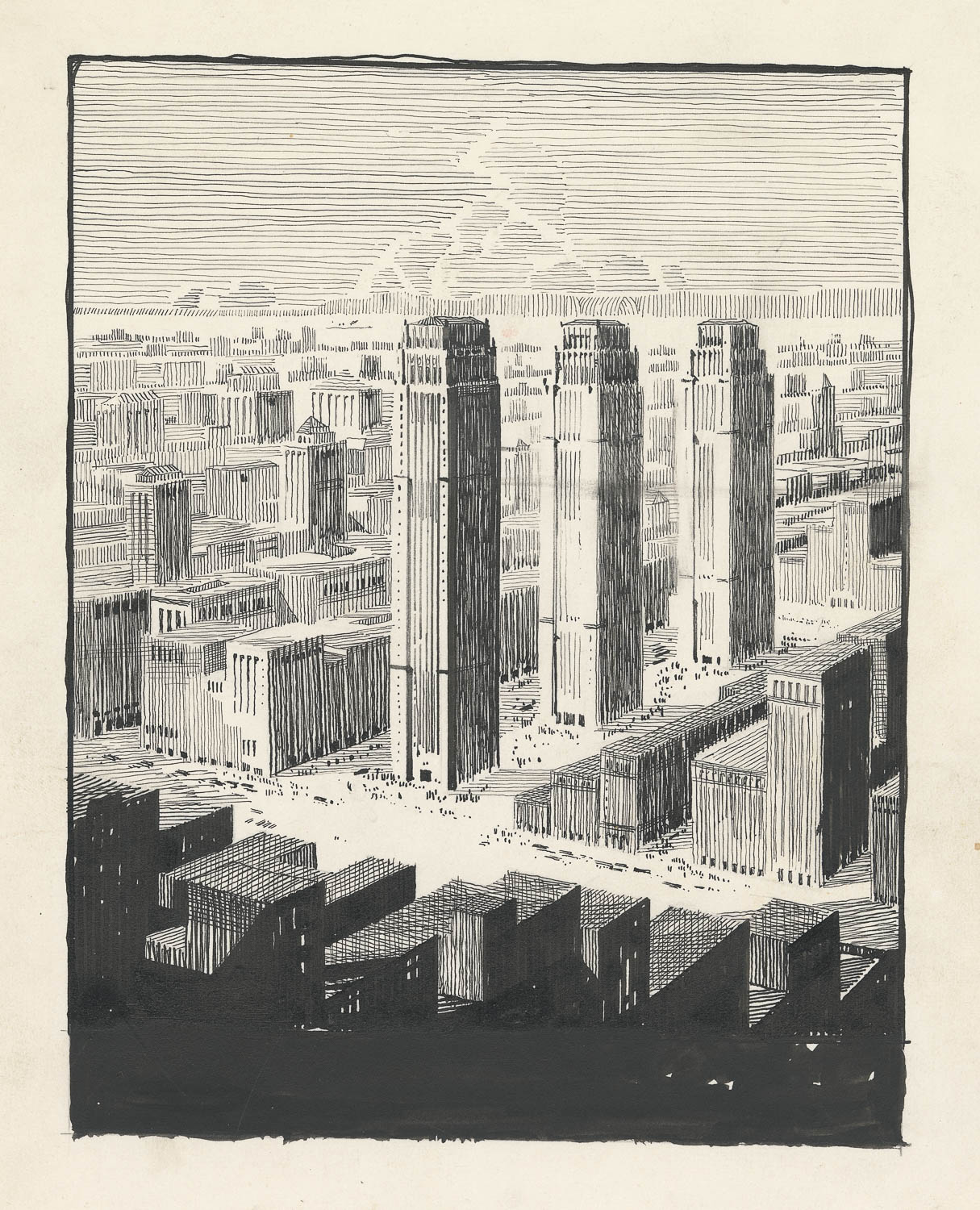 A bold drawing of three skyscrapers in a line, receding into the distance. The skyscrapers stand on the same long rectangular city block. Each skyscraper has four equal faces and there are no setbacks aside from slight indentations at the tops. There is lots of open space around the base of the skyscrapers. The buildings do not touch and are not placed against the sidewalk or street.