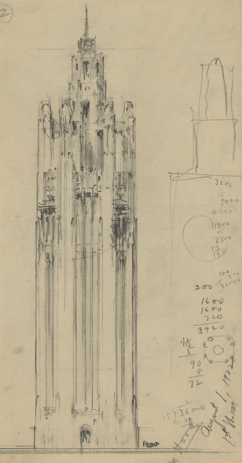 A sketch of one face of a skyscraper. The bottom half is not very detailed and consists of a few vertical lines. The top half is composed of dense yet freely drawn lines that suggest small arches, points, and ornament. The uppermost portion of the skyscraper is much narrower than the main body. To the right of the sketch are series of numbers that look like addition and multiplication calculations.