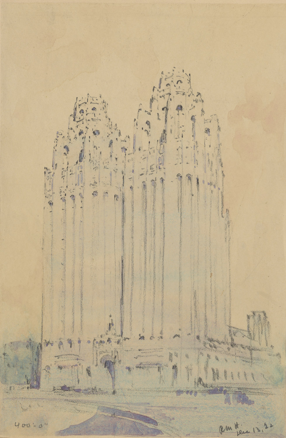 A drawing of two identical Chicago Tribune skyscrapers side by side. They share a single entrance, but otherwise resemble the tower as built. The exterior of the building is highlighted by small splotches of purple wash representing shadows and areas of light blue crayon or colored pencil.
