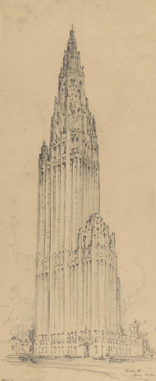 A drawing of two towers side by side: one shorter one to the right and one over twice as tall on the left. The low tower on the right represent the Chicago Tribune Tower as built. The taller tower on the left is wider at its base and has a much more gradual taper at the top resembling the top of an ornate church tower. Both towers are similar in style, with a concentration of gothic ornament in the upper portions.